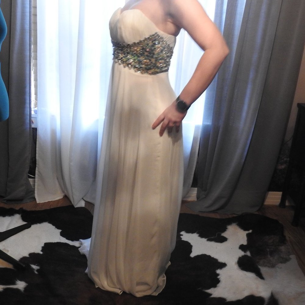 White Sherri Hill Jewel Encrusted Gown teal silver - Picture 7 of 15